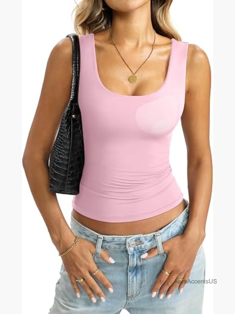 Womens Padded Double Lined Tank Tops Scoop Neck Built In Bra Sleeveless